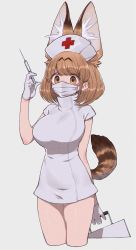Rule 34 | 1girl, animal ear fluff, animal ears, breasts, commentary request, extra ears, gloves, hat, highres, holding, holding case, holding syringe, kemono friends, large breasts, looking at viewer, mask, medium hair, mouth mask, notora, nurse, nurse cap, serval (kemono friends), serval tail, solo, surgical mask, syringe, tail