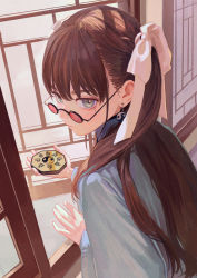 Rule 34 | 1girl, brown hair, closed mouth, earrings, fkey, glasses, hair ribbon, highres, holding, jewelry, lace-trimmed sleeves, lace trim, long hair, long sleeves, mole, mole under eye, original, ribbon, round eyewear, solo, upper body, white ribbon, window, yin yang