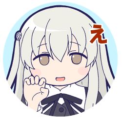 Rule 34 | 1girl, assault lily, black ribbon, blue background, blush, brown eyes, buttons, chibi, circle, commentary request, egawa kusumi, grey hair, hair between eyes, hair ornament, hand up, long hair, long sleeves, looking at viewer, lowres, masaki itsuki, neck ribbon, no pupils, parted lips, portrait, ribbon, round image, school uniform, sidelocks, sign language, simple background, smile, solo, translated, transparent background, two side up, yurigaoka girls academy school uniform