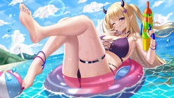 Rule 34 | 1girl, :q, absurdres, bare arms, bare shoulders, barefoot, bikini, blonde hair, breasts, chitu hefeng zhong, closed mouth, feet, full body, highres, innertube, large breasts, long hair, looking at viewer, nail polish, original, outdoors, pointy ears, purple bikini, purple nails, sitting, smile, soles, solo, swim ring, swimsuit, thigh strap, thighs, toes, tongue, tongue out, water, water gun, wet
