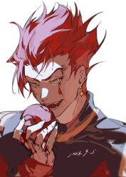 Rule 34 | 1boy, apple, corrupted twitter file, dated, earrings, fangs, fingernails, food, fruit, highres, hisoka morow, holding, holding food, holding fruit, hunter x hunter, jewelry, looking at viewer, male focus, mei ren, open mouth, red hair, short hair, smile, solo, teeth, upper body, yellow eyes
