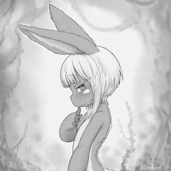Rule 34 | 1other, ambiguous gender, animal ears, blush, bob cut, closed mouth, furry, greyscale, highres, horizontal pupils, inverted bob, kionant, looking at viewer, looking to the side, made in abyss, monochrome, nanachi (made in abyss), rabbit ears, sideways glance, smile, solo
