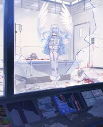 Rule 34 | 1boy, 2girls, absurdres, angel wings, ball gag, barefoot, belt, blood, blue hair, bound, bound arms, bound legs, broken glass, broken screen, broken window, commentary request, corpse, error message, floating, gag, gagged, glass, halo, highres, intravenous drip, kotobuki nashiko, lab coat, long hair, looking at viewer, monitor, multiple girls, original, purple eyes, straitjacket, syringe, tray, two side up, very long hair, wings
