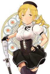 Rule 34 | 1girl, art nouveau, black gloves, blonde hair, bodice, breasts, corset, drill hair, fingerless gloves, gloves, gun, hand on own hip, hat, highres, large breasts, looking at viewer, mahou shoujo madoka magica, mahou shoujo madoka magica (anime), puffy sleeves, rifle, shirt, skirt, smile, solo, striped clothes, striped thighhighs, thighhighs, tomoe mami, twin drills, underbust, vertical-striped clothes, vertical-striped thighhighs, wa (genryusui), weapon, yellow eyes, zettai ryouiki