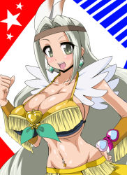 Rule 34 | 10s, 1girl, :d, bomber girls precure, breasts, brooch, cleavage, clenched hand, collarbone, cowboy western, earrings, feathers, fringe trim, green eyes, grey haired cure (bomber girls precure) (happinesscharge precure!), hand on own hip, happinesscharge precure!, headband, heart, heart brooch, jewelry, large breasts, long hair, midriff, navel, navel piercing, open mouth, piercing, precure, skirt, smile, solo, sorano-umi, tribal, white hair