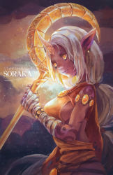 Rule 34 | 1girl, armlet, artist name, bandages, bracelet, breasts, capelet, character name, colored skin, earrings, horns, jewelry, league of legends, long hair, looking at viewer, pointy ears, ponytail, purple skin, sideboob, single horn, solo, soraka (league of legends), staff, standing, tattoo, very long hair, white hair, yellow eyes, youlu