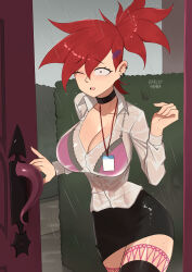 Rule 34 | 1girl, barleyshake, black eyes, black skirt, black thighhighs, blush, bra, breasts, cartoon network, choker, cleavage, cloud, cloudy sky, collarbone, door, earrings, foster&#039;s home for imaginary friends, frankie foster, hair ornament, hairclip, hedge, highres, id card, jewelry, large breasts, long hair, long sleeves, looking at viewer, office lady, one eye closed, open mouth, pencil skirt, pink bra, ponytail, rain, red hair, see-through, see-through shirt, shirt, skirt, sky, smile, standing, thighhighs, underwear, wet, wet clothes, wet shirt, white shirt
