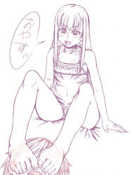 Rule 34 | 1boy, 1girl, artist request, barefoot, bed, bed sheet, blush, feet, foot on head, hime cut, long hair, monochrome, open mouth, sitting, source request, toes, translated