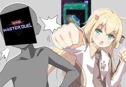 Rule 34 | 1girl, 1other, ahoge, anger vein, blonde hair, breasts, collared shirt, commentary, duel monster, game screenshot inset, green eyes, grey background, gununu elf, long hair, long sleeves, looking at viewer, necktie, open mouth, punching, ribbon, shirt, sky striker ace - raye, small breasts, terraforming (yu-gi-oh!), white shirt, yu-gi-oh!, yu-gi-oh! master duel