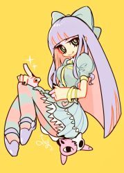 Rule 34 | 1girl, :q, aqua bow, aqua dress, aqua eyes, aqua pantyhose, aqua sleeves, black nails, blunt bangs, blunt ends, bow, breasts, closed mouth, collared dress, colored inner hair, dress, eyelashes, eyeshadow, frilled dress, frills, full body, hair bow, heart, heart print, large breasts, makeup, mary janes, maymay pic, multicolored hair, nail polish, necktie, panty &amp; stocking with garterbelt, pantyhose, pink eyeshadow, pink pantyhose, pocket, puffy short sleeves, puffy sleeves, purple footwear, purple hair, red hair, shoes, short dress, short sleeves, sidelocks, simple background, sitting, smile, solo, sparkle, stocking (psg), straight hair, striped clothes, striped pantyhose, stuffed animal, stuffed cat, stuffed toy, tongue, tongue out, two-tone pantyhose, yellow background, yellow bracelet, yellow necktie