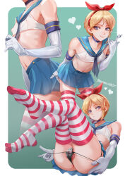 Rule 34 | 1boy, anus, ass, blonde hair, blue collar, blue eyes, blue skirt, chastity cage, collar, cosplay, elbow gloves, gloves, green background, heart, highres, kantai collection, key, light smile, looking at viewer, nipples, penis, presenting, red ribbon, ribbon, shimakaze-kun, shimakaze (kancolle), shimakaze (kancolle) (cosplay), skirt, solo, steamed egg, striped clothes, striped thighhighs, testicles, thighhighs, translucent, trap, white gloves