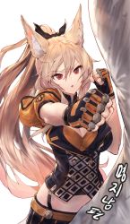Rule 34 | animal ear fluff, animal ears, blush, breasts, dungeon and fighter, ellin meiji, fighter (dungeon and fighter), fox ears, fox girl, hair between eyes, highres, long hair, looking at viewer, open mouth, punching, sandbag, short sleeves, striker (dungeon and fighter)