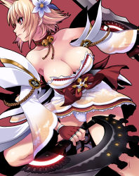 Rule 34 | 1girl, bare shoulders, bell, blade, blonde hair, bow, breasts, bug, butterfly, cleavage, collar, detached sleeves, dual wielding, fingerless gloves, flower, funamushi, funamushi (funa), gloves, glowing, hair flower, hair ornament, holding, insect, japanese clothes, large breasts, neck bell, obi, panties, phantasy star, phantasy star portable 2, red eyes, sash, sega, short hair, simple background, solo, underwear, upskirt, weapon
