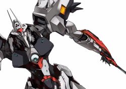 Rule 34 | arm blade, blue eyes, highres, horns, kurogane no linebarrel, linebarrel, looking at viewer, mecha, no humans, official art, robot, science fiction, shimoguchi tomohiro, solo, upper body, weapon, white background