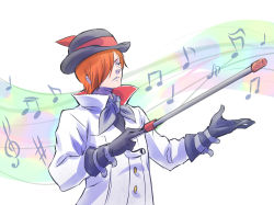 Rule 34 | 1boy, beamed quavers, bowler hat, cane, coat, conductor, closed eyes, gloves, hat, iesupa, male focus, musical note, quaver, red hair, roman torchwick, rwby, sharp sign, solo, treble clef, white coat
