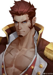 Rule 34 | 1boy, absurdres, ascot, bara, blue eyes, brown hair, commentary request, cross scar, epaulettes, facial hair, fate/grand order, fate (series), goatee, highres, jacket, large pectorals, leather, leather jacket, long sideburns, looking at viewer, male focus, mature male, military, military uniform, muscular, muscular male, my eight, napoleon bonaparte (fate), open clothes, open jacket, open shirt, partially unbuttoned, pectorals, scar, scar on chest, short hair, sideburns, solo, uniform