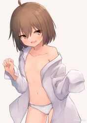 Rule 34 | 1girl, ahoge, blush, breasts, brown hair, centi mnkt, clenched hand, commentary request, cowboy shot, hair between eyes, highres, naked shirt, no bra, open clothes, open mouth, open shirt, original, paid reward available, panties, red eyes, shirt, short hair, sideways glance, simple background, single bare shoulder, sleeves past fingers, sleeves past wrists, small breasts, smile, solo, twitter username, underwear, white background, white panties