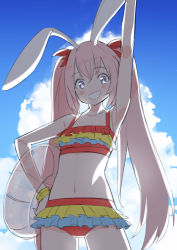 Rule 34 | 1girl, animal ears, arm up, bare arms, bare shoulders, bikini, blue sky, blush, cloud, cloudy sky, collarbone, copyright request, cowboy shot, day, frilled bikini, frills, grey eyes, grin, hair between eyes, hair ribbon, hand on own hip, innertube, long hair, looking at viewer, navel, outdoors, pink hair, rabbit ears, red bikini, red ribbon, ribbon, saiste, sky, smile, solo, swim ring, swimsuit, transparent, twintails, very long hair