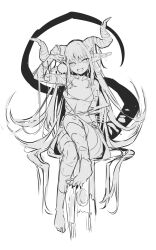 Rule 34 | 1girl, :d, barefoot, bikini, breasts, commentary request, full body, greyscale, hair between eyes, hand up, highres, holding, horns, long hair, looking at viewer, monochrome, open mouth, original, pointy ears, simple background, sitting, small breasts, smile, solo, swimsuit, tail, very long hair, white background, yuuji (yukimimi)
