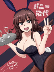 Rule 34 | 1girl, @ @, alcohol, alternate costume, animal ears, bare shoulders, black pantyhose, braid, breasts, brown hair, character name, cleavage, cup, drinking glass, fake animal ears, fake tail, highres, holding, holding tray, kaminashi yamato, kantai collection, large breasts, leotard, looking at viewer, noshiro (kancolle), pantyhose, playboy bunny, rabbit ears, rabbit tail, signature, solo, tail, tray, twin braids, v, wavy mouth, wine, wine glass