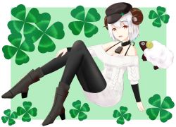 Rule 34 | 1girl, absurdres, bad id, bad pixiv id, black pantyhose, boots, breasts, cleavage, clover (flower), clover hair ornament, dress, flower, full body, green background, hair ornament, highres, horns, indie virtual youtuber, neck bell, outside border, pantyhose, sitting, solo, sweater, sweater dress, thigh boots, thighhighs, user hata8522, virtual youtuber
