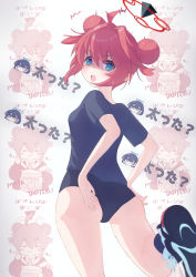 Rule 34 | ahoge, ass, blue archive, blue eyes, blush, chibi, chihiro (blue archive), double bun, from behind, hair bun, halo, highres, maki (blue archive), makolas97, open mouth, red hair, shirt, shoes, sidelocks, sneakers, socks, sweatdrop, teeth, upper teeth only, worried