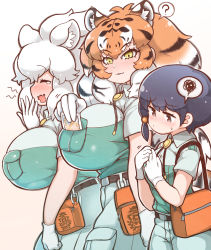 Rule 34 | 3girls, ?, animal ears, arm at side, bag, bare arms, belt, big hair, black hair, breast envy, breast pocket, breasts, brown eyes, brown hair, captain (kemono friends), cat girl, closed eyes, collared shirt, cowboy shot, extra ears, from side, furrowed brow, gloves, hand to own mouth, hand up, hands up, height difference, highres, huge breasts, impossible clothes, impossible shirt, kemono friends, kemono friends 3, light brown hair, lion ears, long hair, looking at another, looking down, medium breasts, multicolored hair, multiple girls, open mouth, parted lips, photo (object), pocket, shirt, short hair, short sleeves, shorts, shoulder bag, siberian tiger (kemono friends), side ponytail, sidelocks, smile, spoken question mark, spoken squiggle, squiggle, streaked hair, tail, tanaka kusao, tearing up, tiger ears, tiger girl, tiger tail, very long hair, wavy mouth, white hair, white lion (kemono friends), wing collar, yawning, yellow eyes