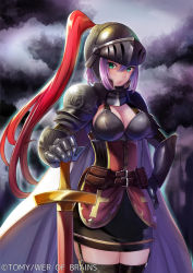 Rule 34 | 1girl, :/, aqua eyes, armor, belt, belt buckle, belt pouch, black skirt, black thighhighs, blush, breastplate, breasts, buckle, cape, cleavage, closed mouth, cloud, cloudy sky, copyright name, cowboy shot, cross print, emblem, garter straps, gauntlets, hair between eyes, hand on own hip, helmet, holding, holding sword, holding weapon, knight, lips, looking at viewer, medium breasts, meesuke, miniskirt, official art, outdoors, pauldrons, pink hair, ponytail, pouch, short hair, shoulder armor, skirt, sky, solo, standing, sword, thighhighs, tsurime, war of brains, weapon, white cape, zettai ryouiki