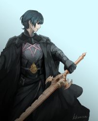 Rule 34 | 1boy, absurdres, armor, black cape, black gloves, blue eyes, blue hair, byleth (fire emblem), byleth (male) (fire emblem), cape, fire emblem, fire emblem: three houses, from side, gloves, heroes relic (fire emblem), highres, holding, holding sword, holding weapon, kkonisa, male focus, nintendo, short hair, simple background, solo, sword, sword of the creator, weapon