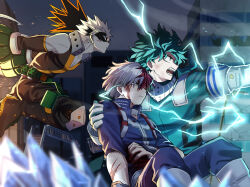 Rule 34 | 3boys, angry, aqua bodysuit, aqua gloves, aqua hair, arm around back, arm at side, baggy pants, bakugou katsuki, belt, black footwear, black mask, black pants, black tank top, bleeding, blonde hair, blood, blood on face, blood on hands, blurry, blurry background, blurry foreground, boku no hero academia, boots, broken bridge, broken window, burn scar, colored shoe soles, combat boots, crack, cracked wall, cuts, depth of field, detached sleeves, electricity, embers, explosive, eye mask, floating hair, flying, freckles, from side, furrowed brow, gloves, glowing, grenade, grey eyes, hand on another&#039;s arm, hand on own stomach, hand up, hands up, headgear, high collar, highres, ice, injury, knee boots, knee pads, knee up, knees up, leaning on person, looking ahead, looking at another, looking to the side, male focus, mask, mask around neck, midair, midoriya izuku, mouth mask, multicolored hair, multiple boys, open mouth, outdoors, outstretched arm, outstretched arms, pants, parted lips, profile, railing, red eyes, red hair, rumos 115, sanpaku, scar, scar on face, serious, short hair, sleeves past elbows, spiked hair, split-color hair, stairs, tank top, todoroki shouto, turning head, two-tone hair, upper body, v-neck, white footwear, white gloves, white hair