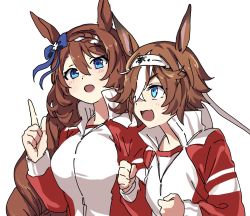 Rule 34 | 2girls, animal ears, bamboo memory (umamusume), blue eyes, blush, braid, brown hair, clenched hands, hair between eyes, hair over one eye, headband, highres, horse ears, index finger raised, iris league, jacket, long hair, multicolored hair, multiple girls, open mouth, partially unzipped, red jacket, shirt, simple background, smile, streaked hair, super creek (umamusume), track jacket, umamusume, upper body, white background, white shirt