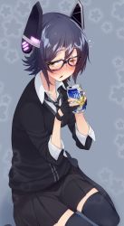 Rule 34 | 10s, 1girl, alcohol, amami amayu, beer, beer can, bespectacled, black skirt, blue background, blue hair, blush, can, checkered clothes, checkered necktie, checkered neckwear, collarbone, collared shirt, drink can, drunk, floral background, glasses, gloves, headgear, kantai collection, looking at viewer, necktie, no eyepatch, one eye closed, open mouth, partially fingerless gloves, pleated skirt, scar, scar across eye, scar on face, shirt, short hair, sitting, skirt, solo, tenryuu (kancolle), thighhighs, wariza, white shirt