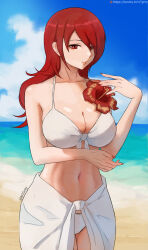 1girl artist_name beach bikini breasts cleavage cloud cloudy_sky collarbone commentary cowboy_shot day english_commentary front-tie_bikini_top front-tie_top hair_over_one_eye hand_up highres kirijou_mitsuru large_breasts long_hair looking_at_viewer n7grey navel official_alternate_costume outdoors paid_reward_available parted_lips persona persona_3 red_eyes red_hair red_nails sidelocks sky solo stomach swimsuit twitter_username watermark web_address white_bikini