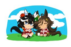 2girls :&lt; ahoge animal_ears black_hair blue_eyes blush brown_hair chibi closed_eyes closed_mouth cloud crossed_arms ear_covers gaman grass hair_ornament hairclip hat horse_ears horse_girl horse_tail jacket katsuragi_ace_(umamusume) long_hair long_sleeves mini_hat mini_top_hat mr._c.b._(umamusume) multicolored_hair multiple_girls outdoors ponytail red_jacket shoes short_hair sitting socks streaked_hair tail top_hat umamusume white_socks