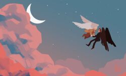Rule 34 | 2boys, angel, angel wings, aziraphale (good omens), black footwear, black pants, black suit, black wings, bow, bowtie, brown bow, brown bowtie, brown coat, brown footwear, brown pants, brown vest, closed eyes, cloud, coat, collared shirt, crescent moon, crowley (good omens), demon, demon boy, demon wings, erm nkcn, feathered wings, flying, formal, full body, glasses, good omens, happy, highres, holding hands, looking at another, moon, multiple boys, pants, red hair, shirt, shoes, sky, star (sky), starry sky, suit, twilight, vest, white hair, white shirt, white wings, wings