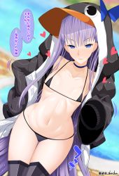 Rule 34 | 1girl, animal hood, armor, bikini, black bikini, black jacket, blue bow, blue choker, blush, bow, breasts, choker, closed mouth, collarbone, fate/grand order, fate (series), greaves, hair between eyes, heart, hood, hood up, jacket, long hair, long sleeves, looking at viewer, meltryllis, meltryllis (fate), meltryllis (swimsuit lancer) (fate), meltryllis (swimsuit lancer) (first ascension) (fate), micro bikini, navel, parted lips, penguin hood, purple hair, sleeves past fingers, sleeves past wrists, small breasts, smile, solo, speech bubble, swimsuit, thighs, tongue, tongue out, translated, unadon, very long hair