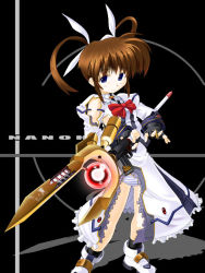 Rule 34 | 00s, 1girl, black socks, blue eyes, blue panties, blush, boots, bow, bowtie, brown hair, bullet, character name, dress, excel (gewalt), fingerless gloves, frilled dress, frills, gloves, hair ribbon, lyrical nanoha, magazine (weapon), magical girl, mahou shoujo lyrical nanoha, panties, pantyshot, purple eyes, raising heart, red bow, red hair, ribbon, short hair, short twintails, socks, solo, striped clothes, striped panties, takamachi nanoha, takamachi nanoha (sacred mode), torn clothes, twintails, underwear, white devil, white dress