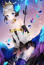Rule 34 | 1girl, arm behind back, armor, armored boots, bad id, bad twitter id, bare shoulders, black gloves, black hair, black skirt, blue eyes, blue flower, blue thighhighs, blue wings, blush, boots, breasts, cleavage, closed mouth, commentary request, corset, cowboy shot, elbow gloves, feathered wings, flower, gloves, gwendolyn (odin sphere), hair flower, hair ornament, holding, holding weapon, leaning forward, liby (libtnvd), looking at viewer, medium breasts, multicolored hair, odin sphere, polearm, pteruges, short hair, silver hair, skirt, solo, thighhighs, thighs, tiara, two-tone hair, weapon, wings