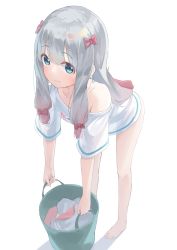 Rule 34 | 1girl, absurdres, bare legs, bare shoulders, barefoot, blue eyes, blue shirt, blush, bottomless, bow, closed mouth, collarbone, commentary request, eromanga sensei, from above, hair bow, highres, izumi sagiri, kimyo, long hair, looking at viewer, low-tied long hair, multicolored shirt, off-shoulder shirt, off shoulder, pink bow, shirt, silver hair, simple background, solo, white background, white shirt