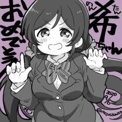 Rule 34 | 1girl, birthday, blush, breasts, chibi, commentary, dated, greyscale with colored background, grin, large breasts, long hair, looking at viewer, love live!, love live! school idol project, low twintails, mezashi (mezamashi set), purple background, signature, smile, solo, tojo nozomi, translation request, twintails, twitter username, upper body