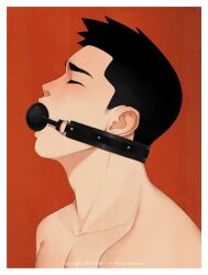 Rule 34 | 1boy, ball gag, bara, bdsm, black hair, chioneoc, closed eyes, drooling, gag, gag harness, gagged, highres, male focus, original, pectoral cleavage, pectorals, portrait, profile, red background, saliva, short hair, simple background, solo, topless male