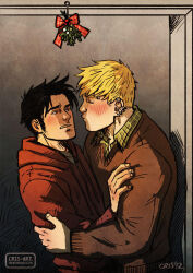Rule 34 | 2boys, bara, black hair, blonde hair, blush, couple, cris art, ear piercing, from side, hand on another&#039;s arm, hood, hoodie, hulkling, imminent kiss, layered shirt, long sideburns, male focus, marvel, mistletoe, multiple boys, piercing, raised eyebrow, red hoodie, short hair, sideburns, thick eyebrows, upper body, wiccan, yaoi