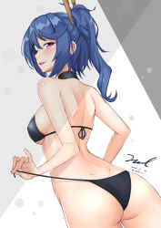 Rule 34 | 1girl, ass, back, bare shoulders, bikini, bikini bottom only, black bikini, blue hair, blush, breasts, choker, clothes pin, dated, dimples of venus, earrings, from behind, girls&#039; frontline, holding, holding bikini, holding bikini bottom, holding clothes, holding swimsuit, jewelry, k11 (girls&#039; frontline), long hair, looking at viewer, looking back, messy hair, multiple earrings, open mouth, purple eyes, shoulder blades, side ponytail, sidelocks, signature, smile, solo, stud earrings, swimsuit, thighs, twitter username, unel, untied bikini