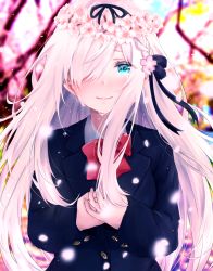 Rule 34 | 1girl, absurdres, black ribbon, blazer, blue jacket, blurry, blush, bow, bowtie, cherry blossoms, commentary, crying, depth of field, flower, graduation, hair flower, hair ornament, hair over one eye, hair ribbon, haru (re ilust), highres, jacket, kamiki kinu, long hair, long sleeves, looking at viewer, outdoors, pink flower, plivyou, red bow, red bowtie, ribbon, school uniform, silver hair, solo, tears, upper body, virtual youtuber