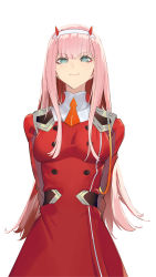 Rule 34 | 1girl, absurdres, arm behind back, arms behind back, blue eyes, blush, breasts, darling in the franxx, dress, from below, headband, highres, horns, large breasts, long hair, looking at viewer, nayuko (wuyou nayuko), necktie, pink hair, red dress, simple background, smile, solo, tight clothes, tight dress, uniform, white background, zero two (darling in the franxx)