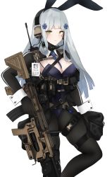 Rule 34 | 1girl, absurdres, alternate costume, ammunition pouch, assault rifle, between breasts, black gloves, black pantyhose, blue leotard, blue necktie, blunt bangs, breasts, cross hair ornament, fte (fifteen 199), girls&#039; frontline, gloves, green eyes, gun, h&amp;k hk416, hair ornament, headset, highleg, highleg leotard, highres, hk416 (girls&#039; frontline), id card, leotard, long hair, long sleeves, medium breasts, necktie, necktie between breasts, pantyhose, playboy bunny, pouch, rifle, shrug (clothing), silver hair, solo, tactical playboy bunny, teardrop, teardrop facial mark, teardrop tattoo, thigh strap, weapon, wrist cuffs