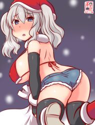 Rule 34 | 1girl, alternate costume, artist logo, bikini, black thighhighs, blue eyes, breasts, dated, grey hair, hat, kanon (kurogane knights), kantai collection, kashima (kancolle), large breasts, looking at viewer, night, one-hour drawing challenge, sack, santa hat, snow, snowing, solo, swimsuit, thighhighs, twintails, wavy hair