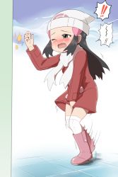 Rule 34 | !, !!, 1girl, arm up, bad id, bad pixiv id, beanie, between legs, black eyes, black hair, blush, boots, creatures (company), crying, dawn (pokemon), embarrassed, female focus, flat chest, game freak, hair ornament, hairclip, half-closed eye, hand between legs, hat, have to pee, highres, kamamau (krkrpee), knee boots, knocking, legs together, long hair, long sleeves, matching hair/eyes, motion lines, nintendo, nose blush, one eye closed, open mouth, over-kneehighs, pink footwear, poke ball symbol, pokemon, pokemon dppt, pokemon platinum, scarf, sidelocks, solo, speech bubble, spoken exclamation mark, standing, tears, thighhighs, wavy mouth, white hat, white scarf, white thighhighs, wince, zettai ryouiki