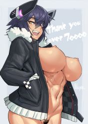 Rule 34 | 1girl, abs, bottomless, breasts, coat, commentary request, cowboy shot, dated, eyepatch, fang, female pubic hair, fur collar, good meat day, grin, hair between eyes, half-closed eye, hands in pockets, headgear, highres, huge breasts, jacket, kantai collection, long sleeves, looking at viewer, meat day, mikoyan, naked coat, navel, nipples, no bra, open clothes, open jacket, open mouth, perky breasts, pink background, pubic hair, purple hair, revision, shiny skin, short hair, smile, solo, standing, stomach, teeth, tenryuu (kancolle), tenryuu kai ni (kancolle), toned, upper body, upper teeth only, yellow eyes