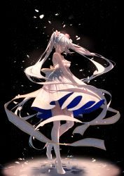 Rule 34 | 1girl, absurdres, bare shoulders, beamed eighth notes, black background, breasts, cleavage, closed eyes, commentary, dress, eighth note, elbow gloves, flower, frilled dress, frills, full body, gloves, hair between eyes, hair flower, hair ornament, hatsune miku, high heels, highres, long hair, medium breasts, musical note, musical note print, parted lips, petals, pink flower, pleated dress, re:rin, shoes, solo, standing, standing on one leg, strapless, strapless dress, thighhighs, twintails, very long hair, vocaloid, white dress, white footwear, white gloves, white hair, white thighhighs
